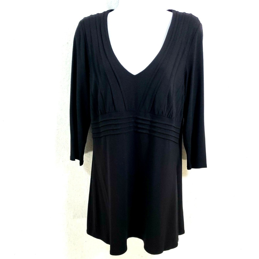 BCBGMAXAZRIA Women Large Blouse Black Empire Waist Pleated V-Neck Tunic